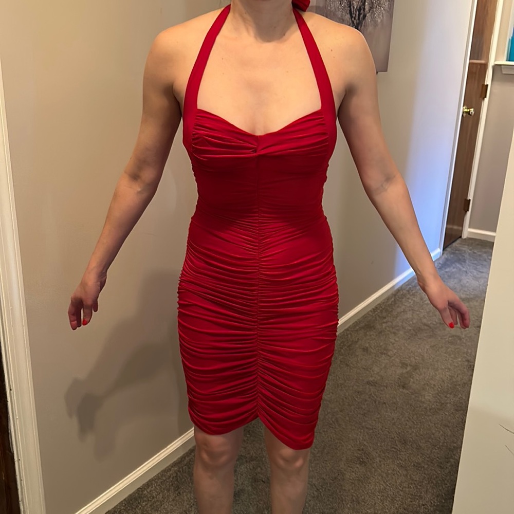 Backless red mini rouched dress
